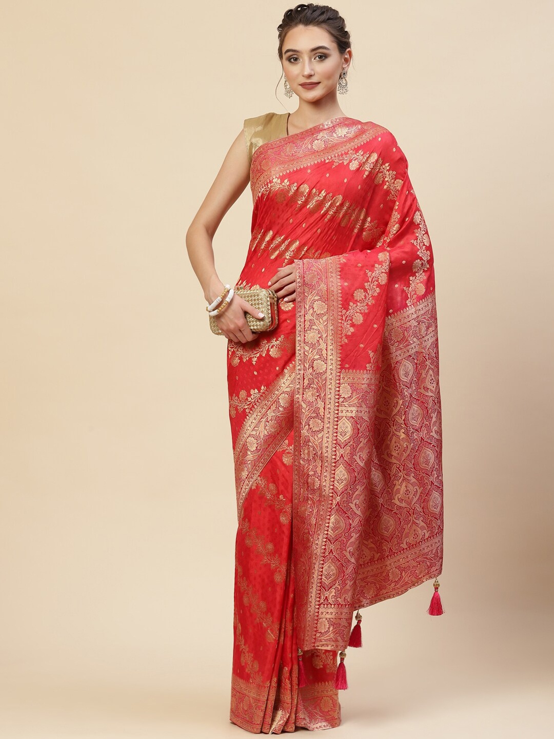 

Meena Bazaar Red & Gold-Toned Floral Zari Art Silk Saree