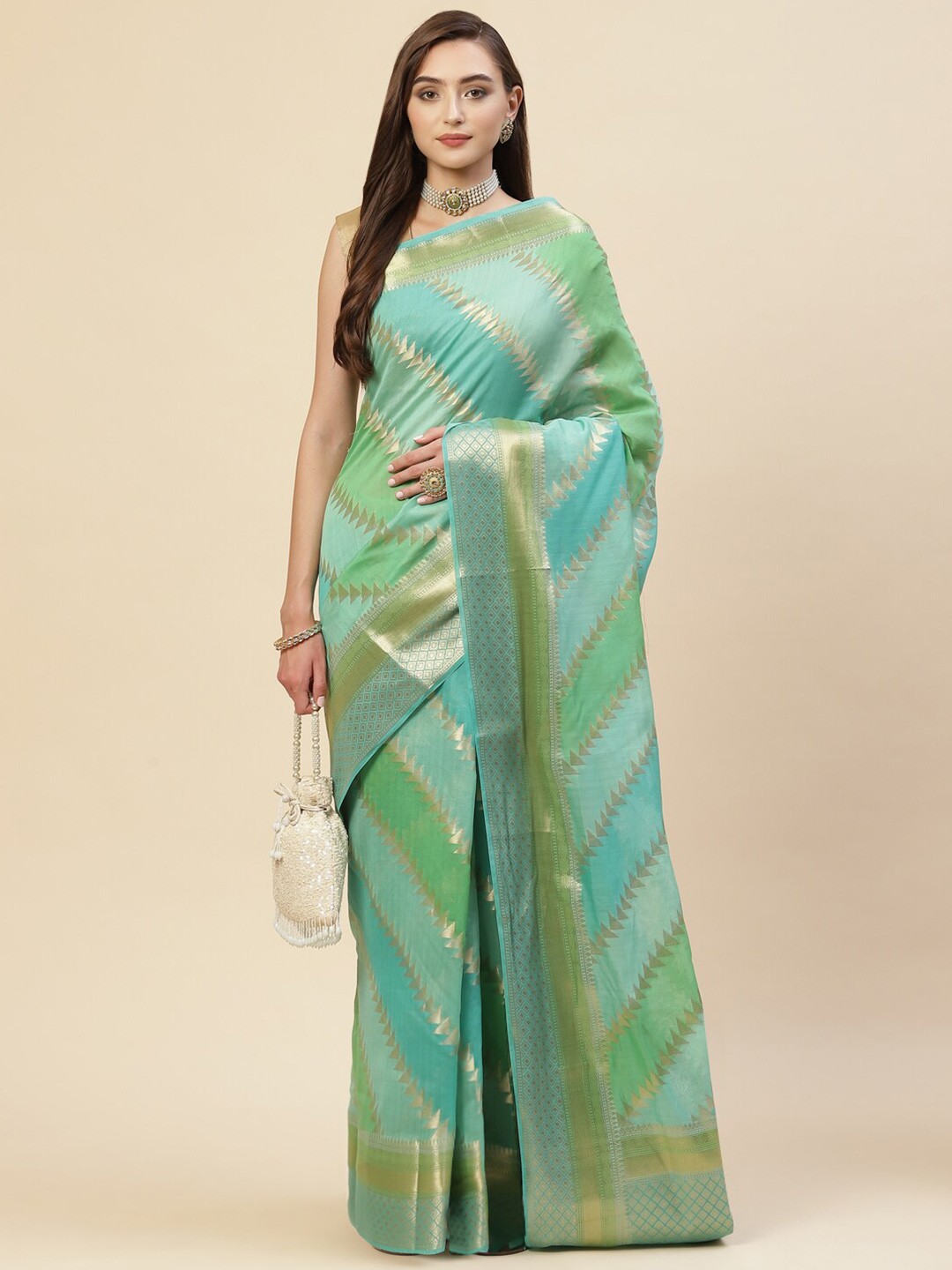 

Meena Bazaar Sea Green & Gold-Toned Woven Design Zari Pure Cotton Saree