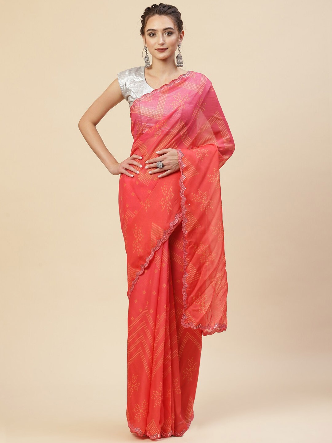 

Meena Bazaar Orange & Gold-Toned Woven Design Zari Organza Saree