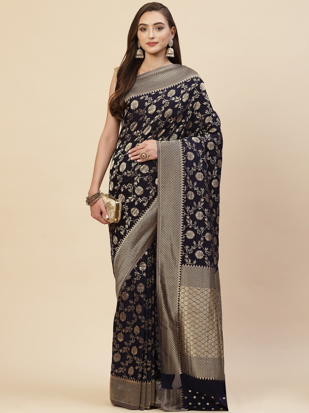 

Meena Bazaar Navy Blue & Gold-Toned Woven Design Zari Saree