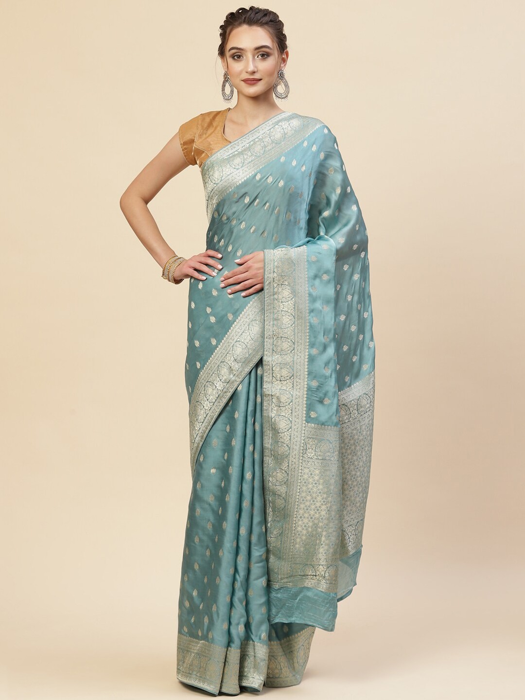 

Meena Bazaar Blue & Gold-Toned Woven Design Zari Satin Saree