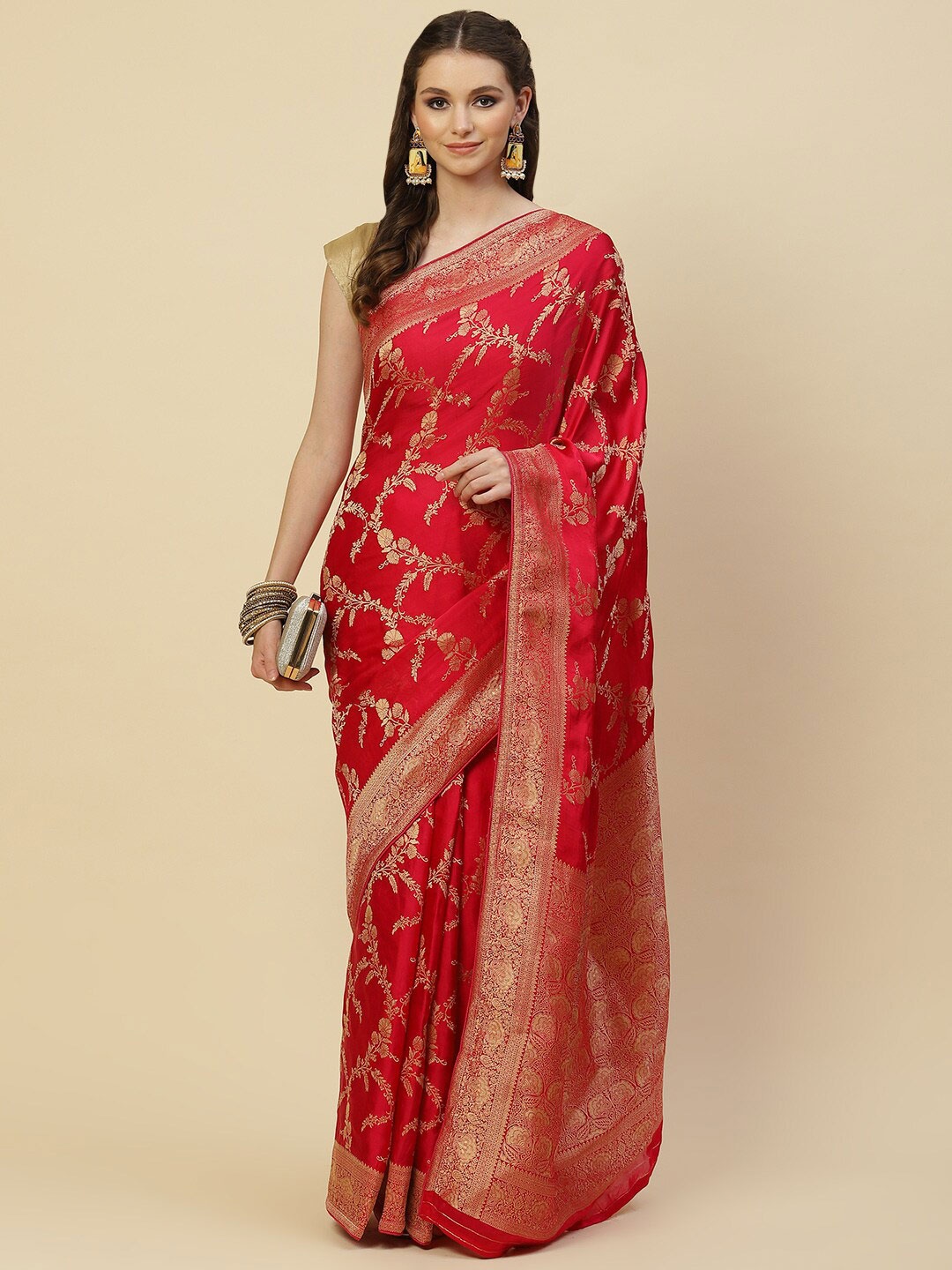 

Meena Bazaar Red & Gold-Toned Woven Design Zari Satin Saree