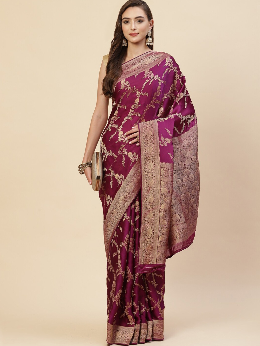 

Meena Bazaar Purple & Gold-Toned Woven Design Zari Satin Saree