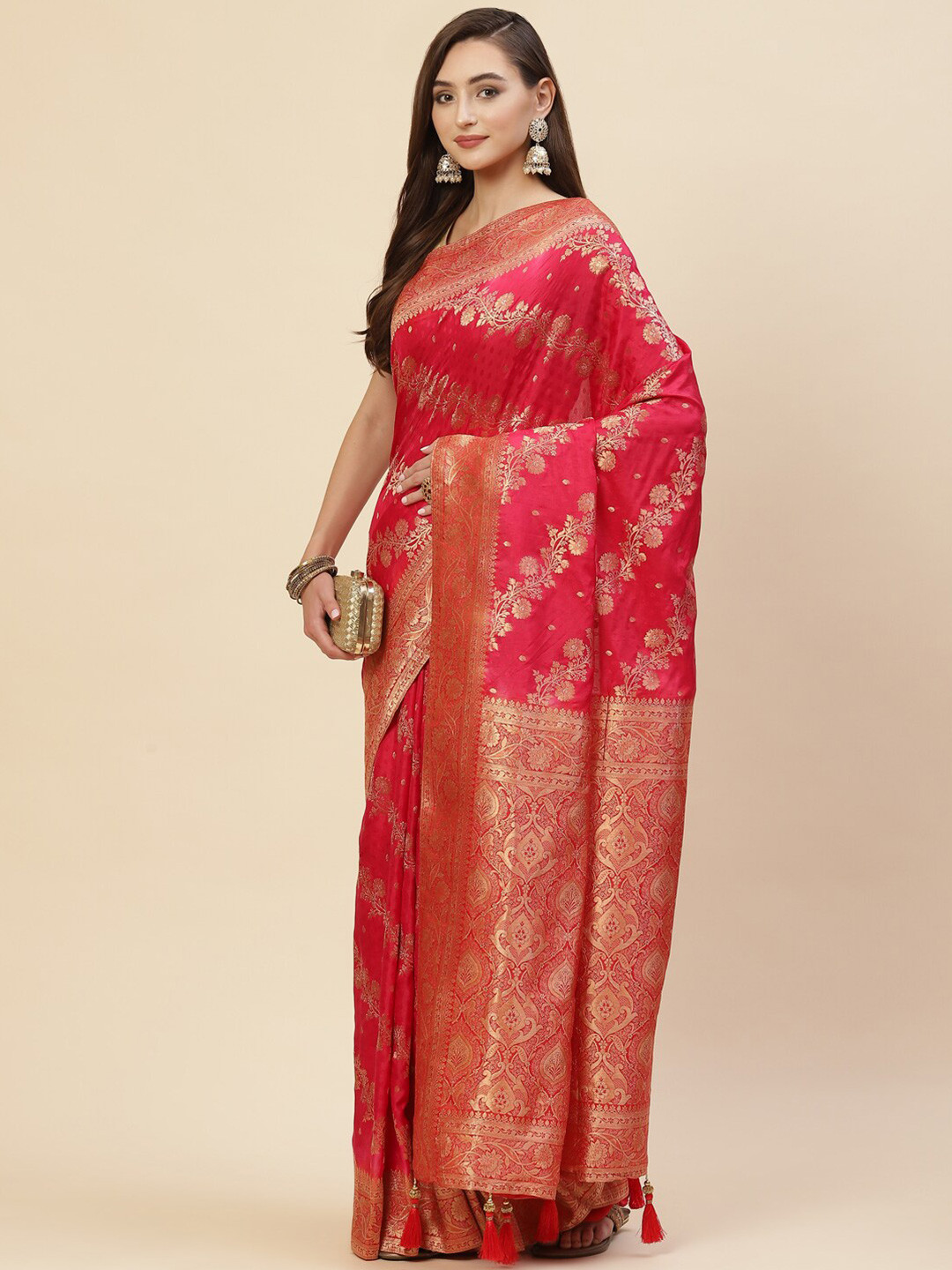 

Meena Bazaar Pink & Gold-Toned Woven Design Zari Art Silk Saree