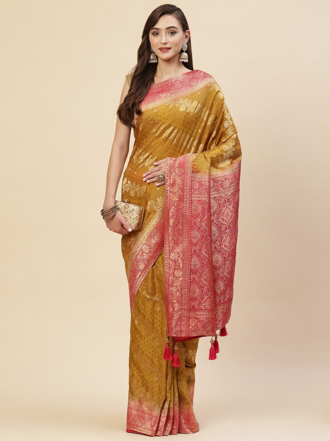 

Meena Bazaar Mustard & Red Woven Design Zari Art Silk Saree