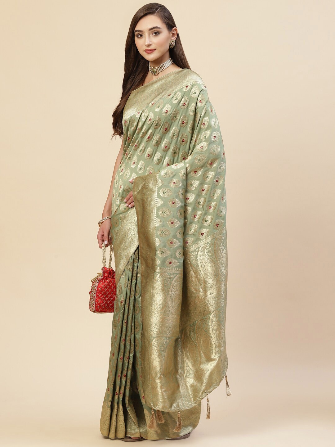 

Meena Bazaar Green & Gold-Toned Woven Design Zari Art Silk Banarasi Saree