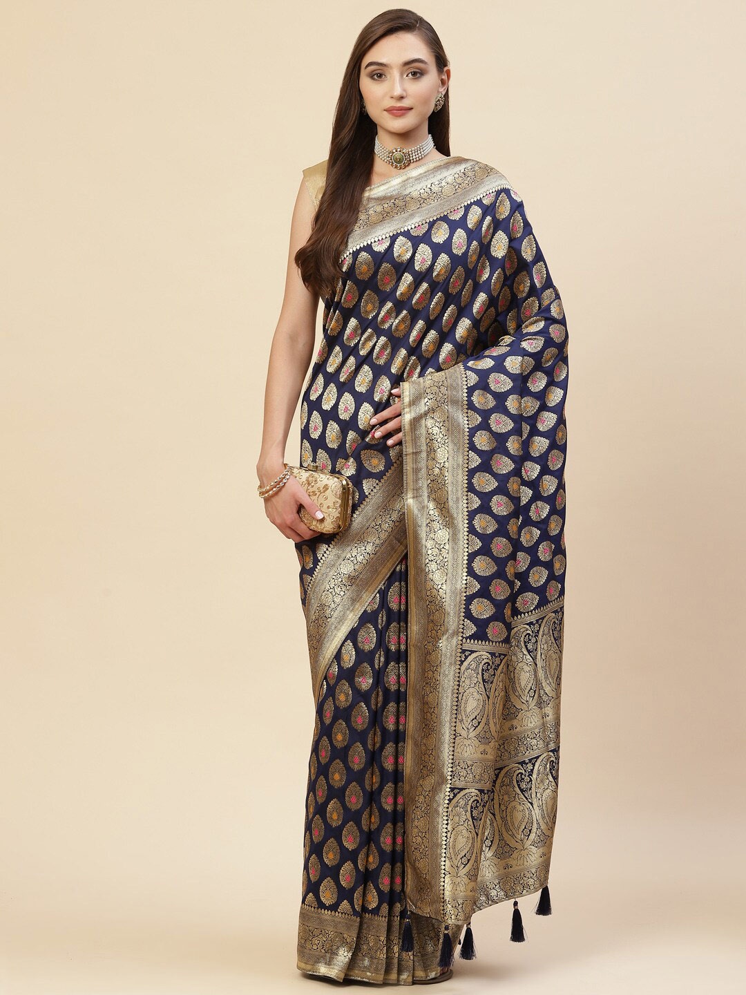 

Meena Bazaar Navy Blue & Yellow Woven Design Zari Art Silk Banarasi Saree