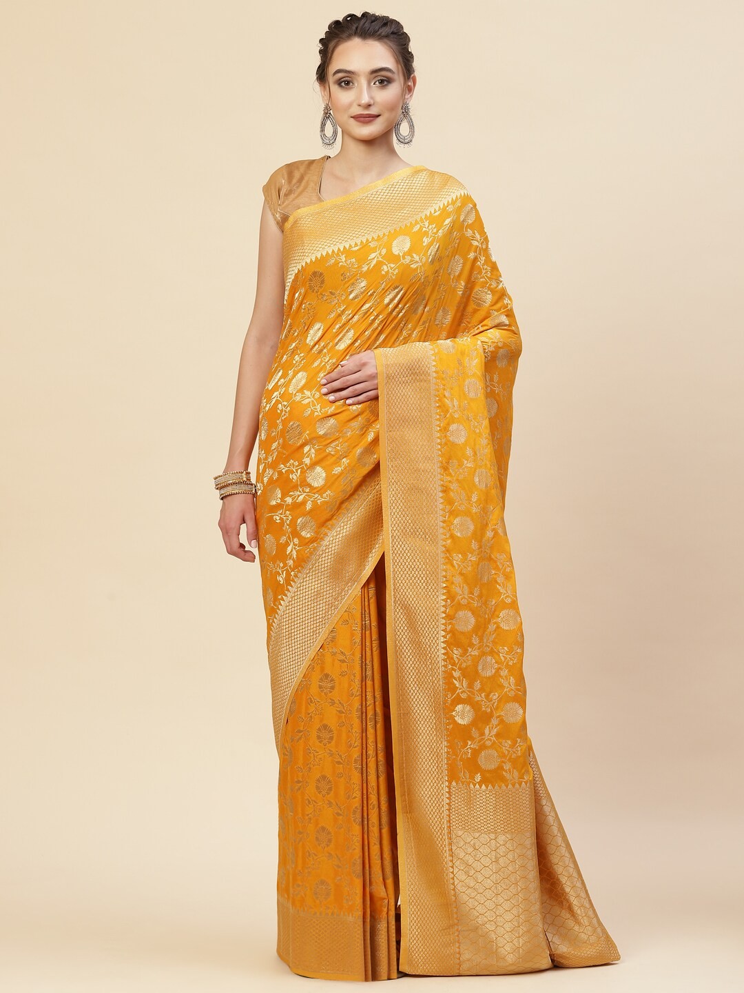 

Meena Bazaar Yellow & Gold-Toned Woven Design Zari Saree