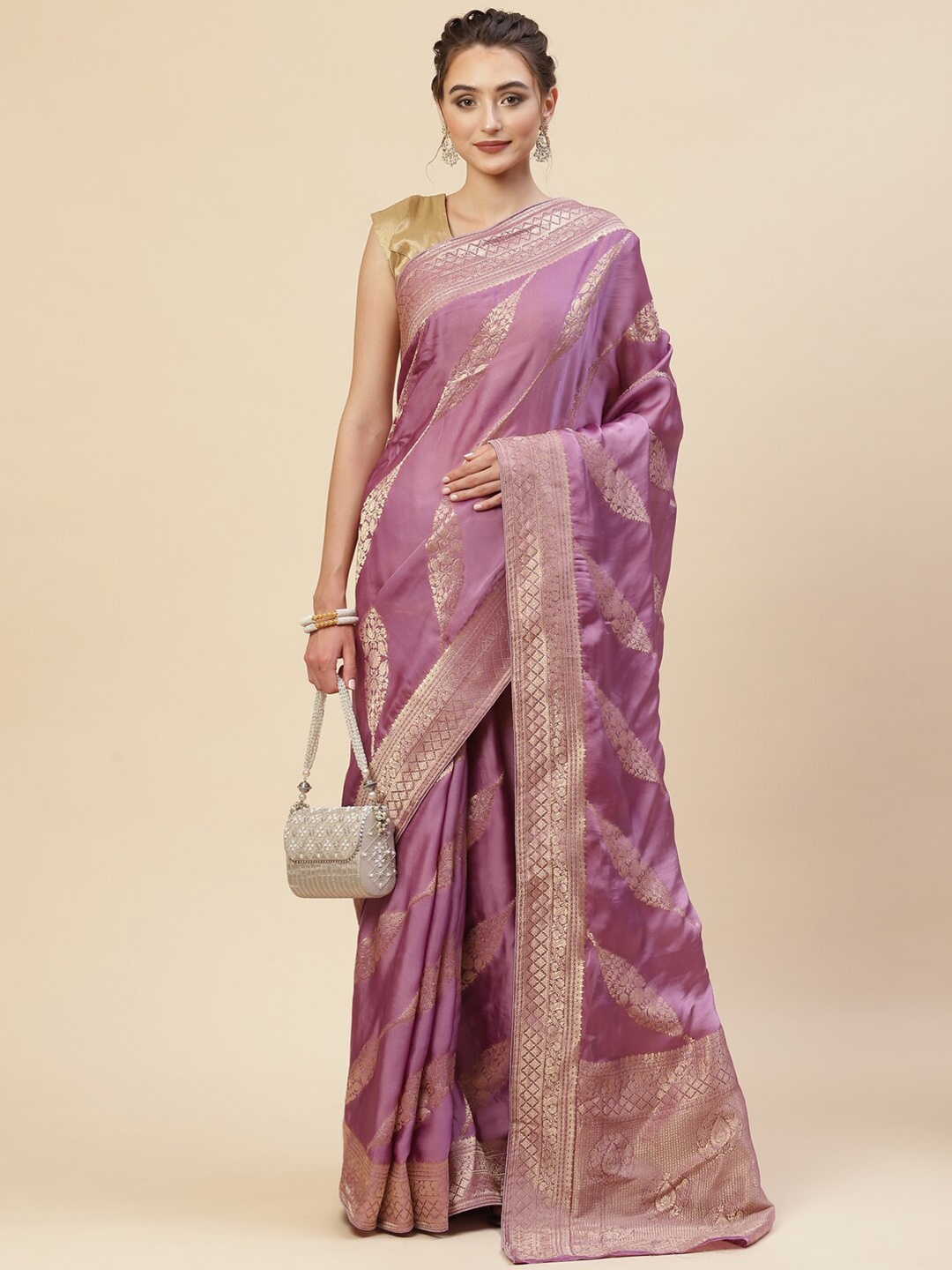

Meena Bazaar Purple & Gold-Toned Woven Design Zari Satin Saree
