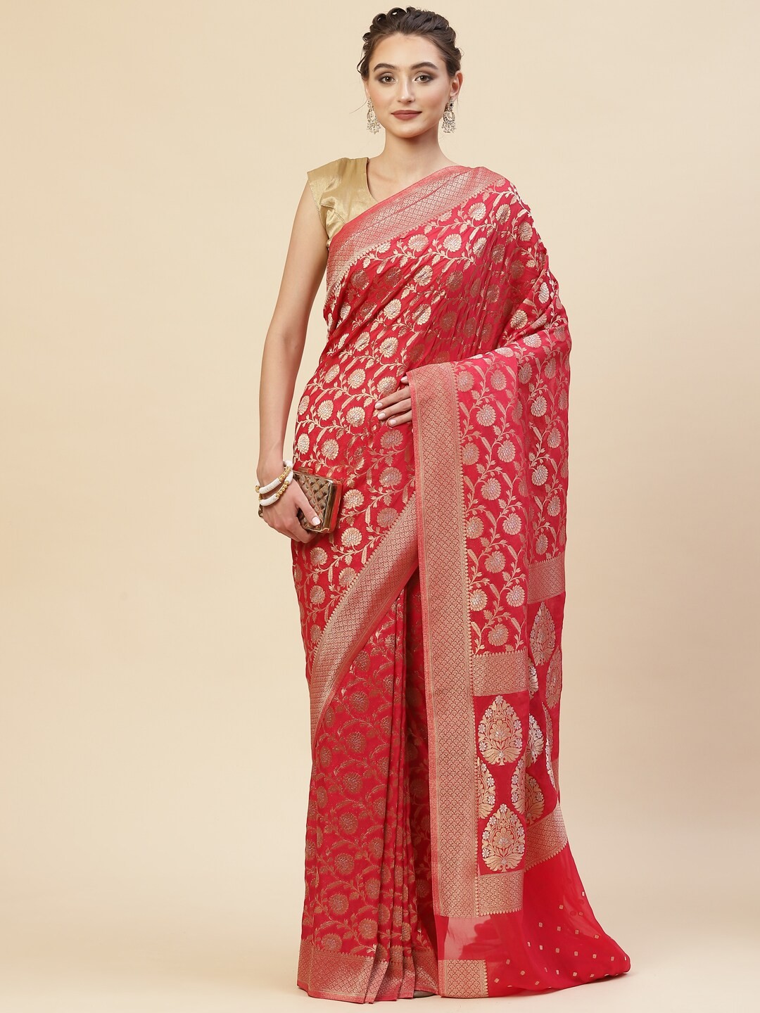 

Meena Bazaar Pink & Gold-Toned Woven Design Zari Saree