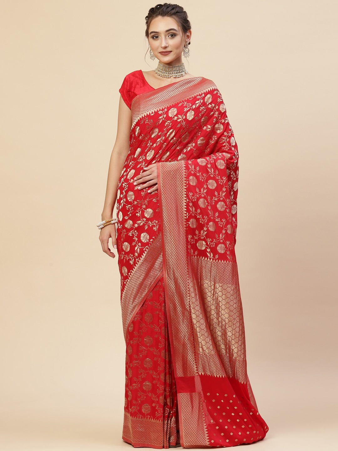 

Meena Bazaar Red & Gold-Toned Woven Design Zari Saree