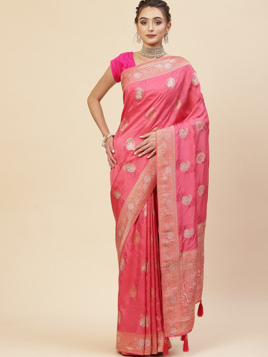 

Meena Bazaar Pink & Gold-Toned Woven Design Zari Art Silk Banarasi Saree