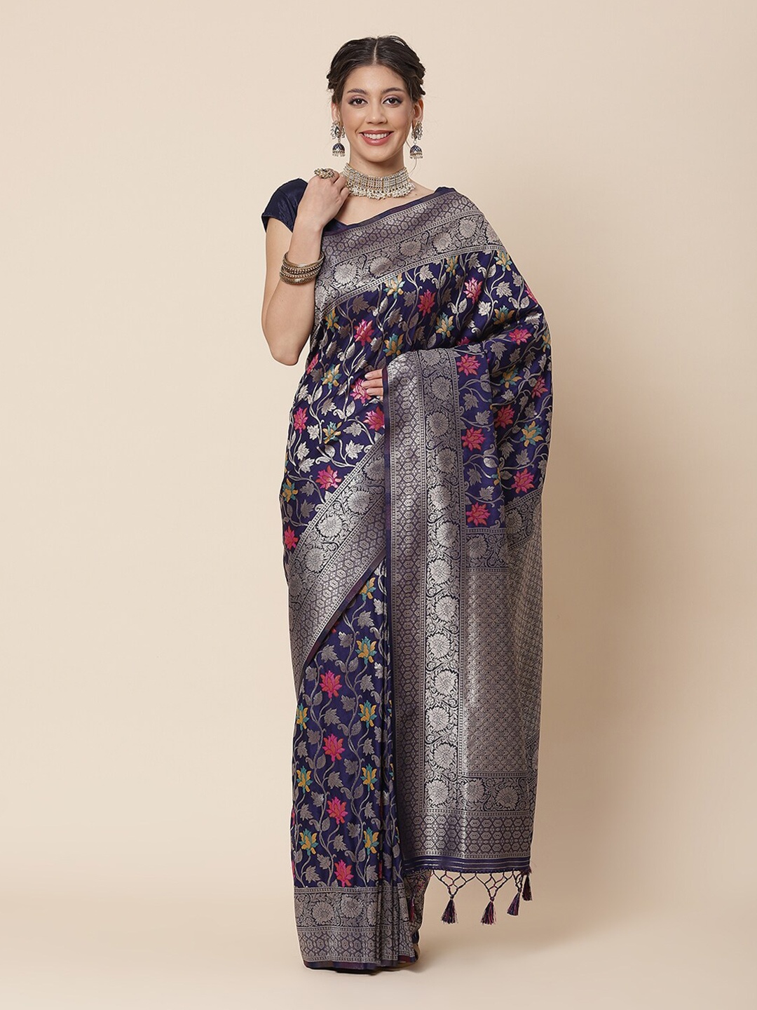 

Meena Bazaar Navy Blue & Pink Woven Design Zari Art Silk Saree