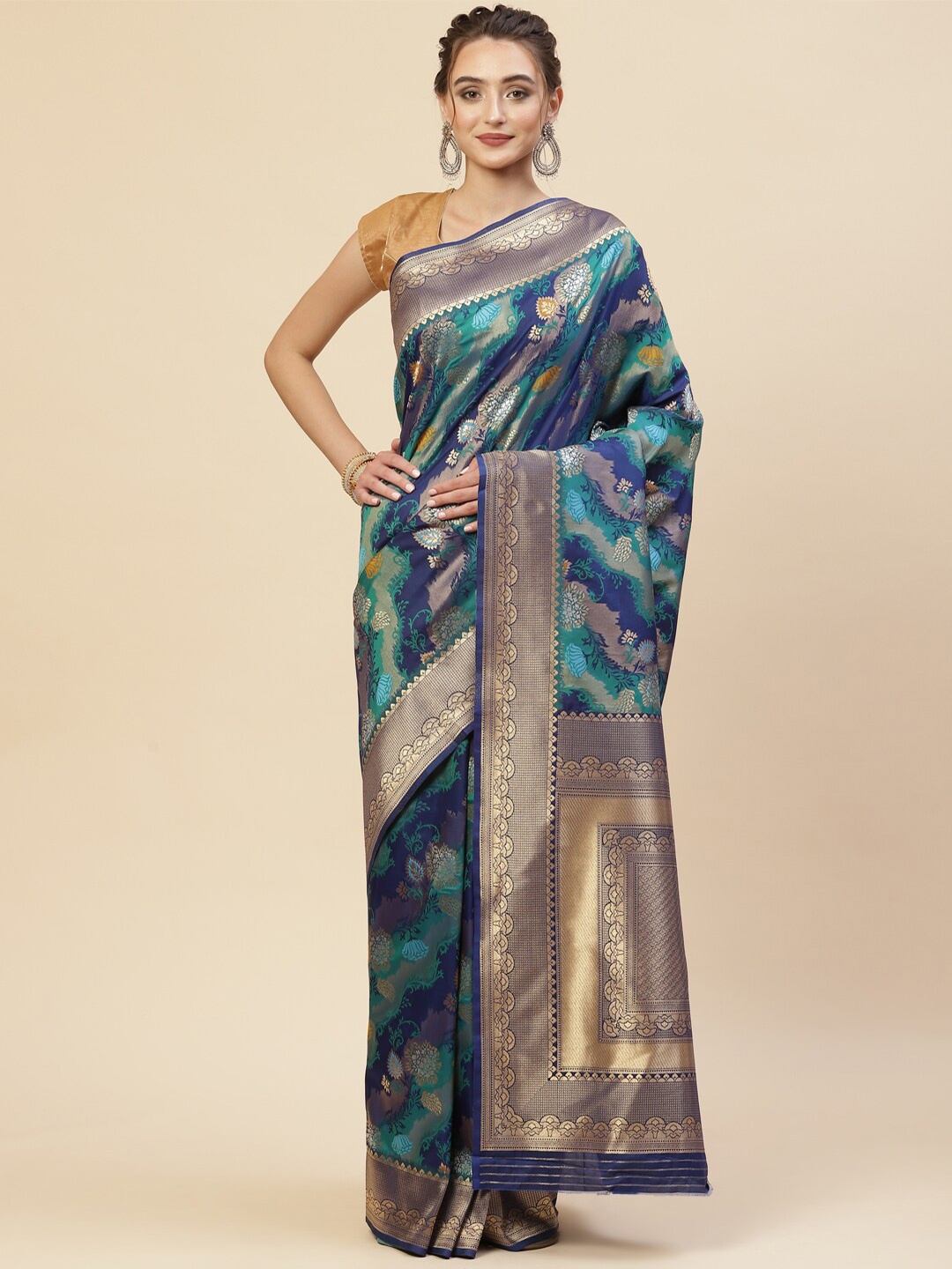 

Meena Bazaar Blue & Green Floral Zari Art Silk Banarasi Saree