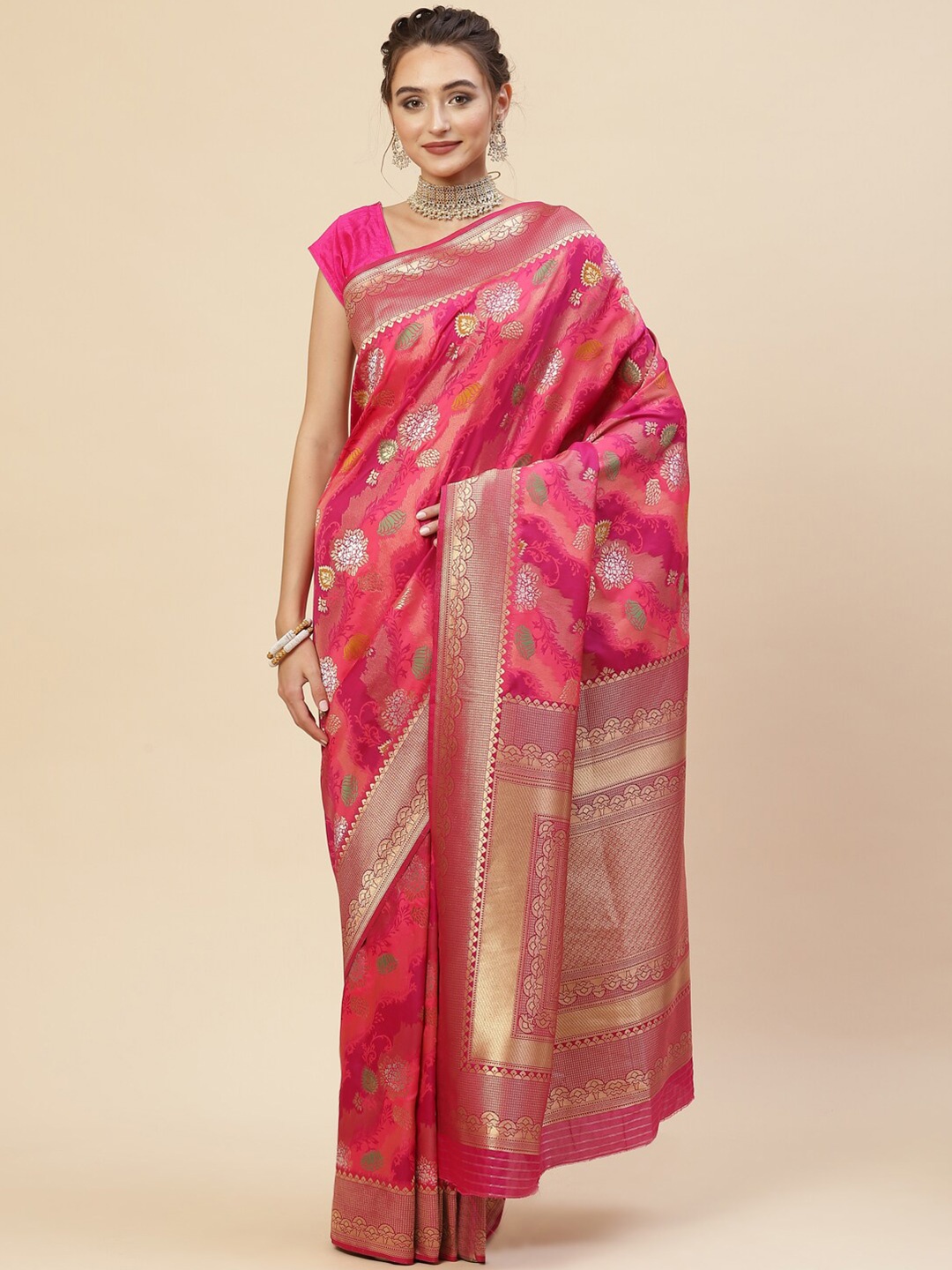

Meena Bazaar Pink & Gold-Toned Floral Zari Art Silk Banarasi Saree