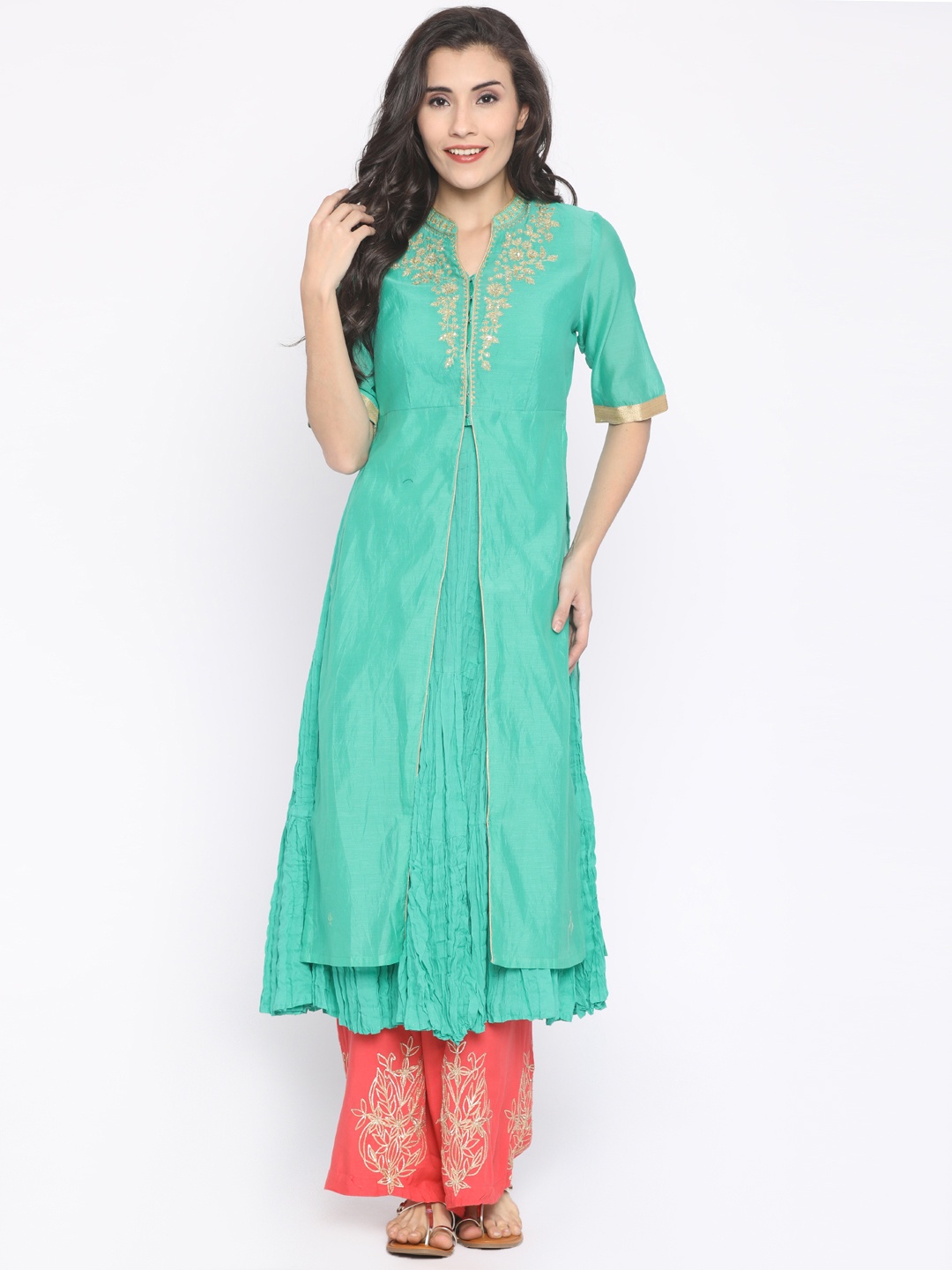 

Biba Women Green Solid Layered A-Line Kurta