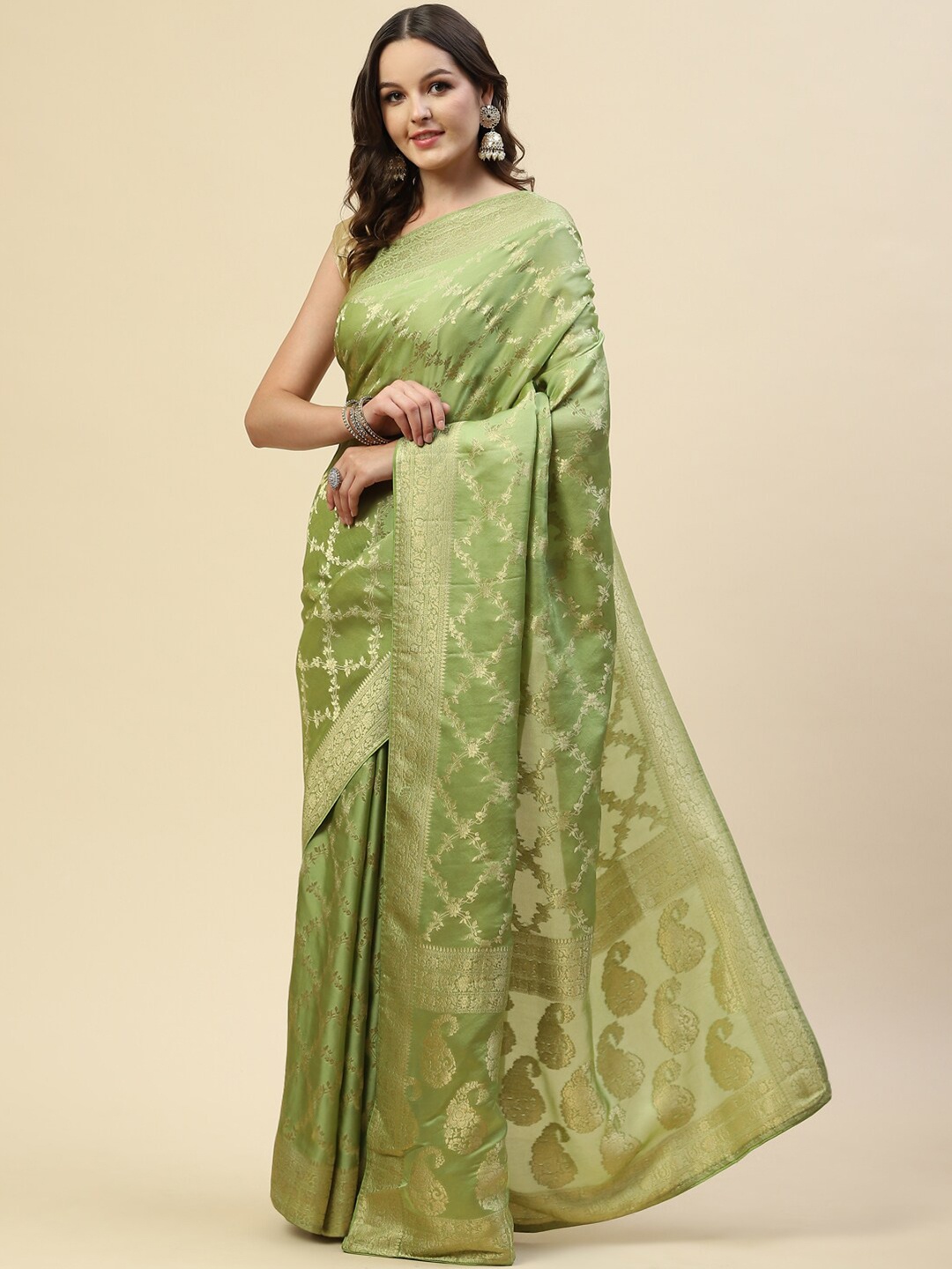 

Meena Bazaar Green & Gold-Toned Floral Zari Art Silk Banarasi Saree