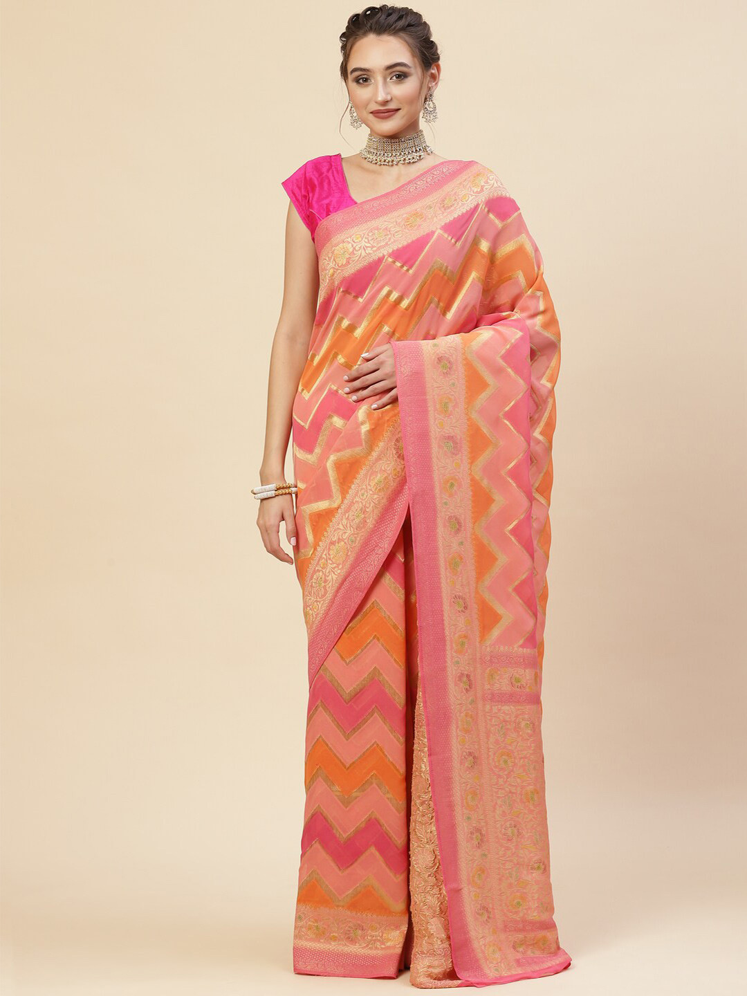 

Meena Bazaar Pink & Peach-Coloured Zari Saree