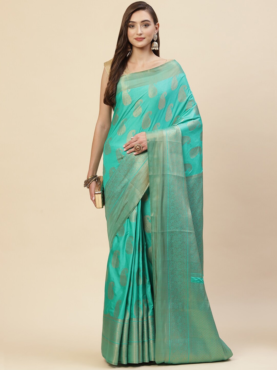 

Meena Bazaar Turquoise Blue & Gold-Toned Ethnic Motifs Zari Art Silk Saree
