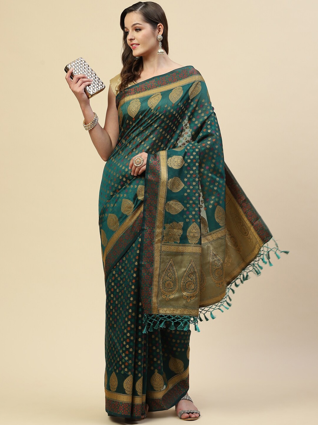 

Meena Bazaar Green & Gold-Toned Ethnic Motifs Zari Pure Cotton Saree