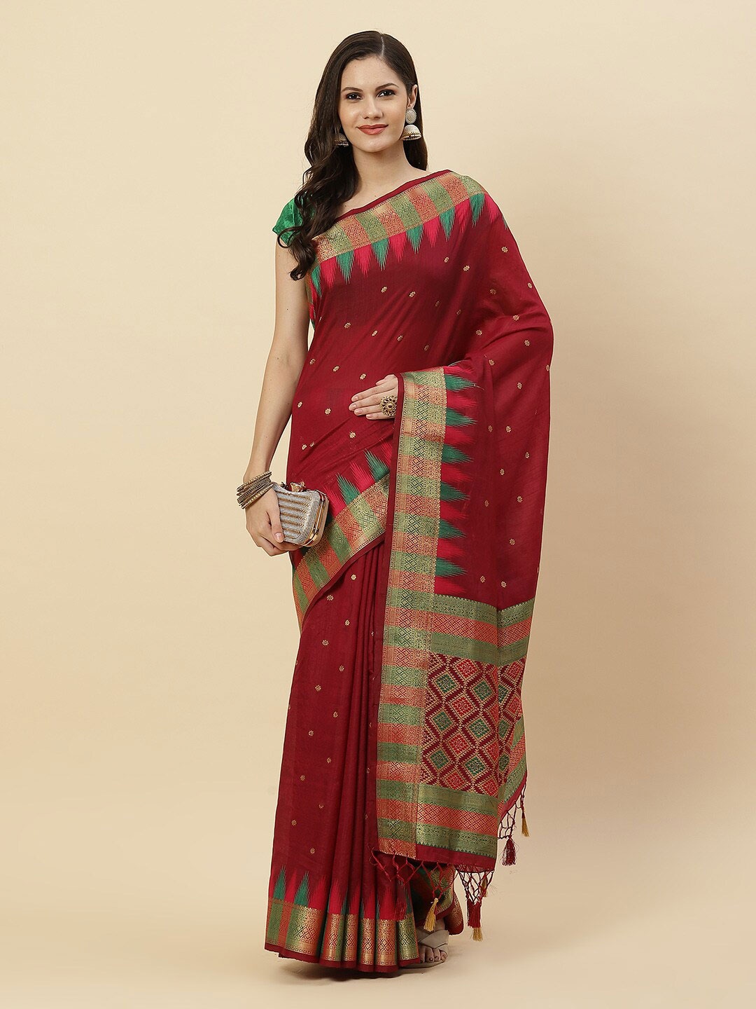 

Meena Bazaar Maroon & Green Zari Art Silk Saree