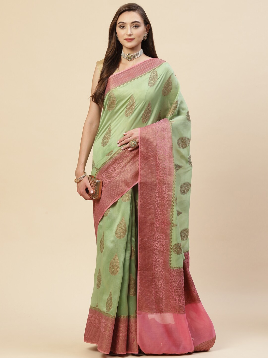 

Meena Bazaar Pista Green & Peach-Coloured Ethnic Motifs Zari Saree
