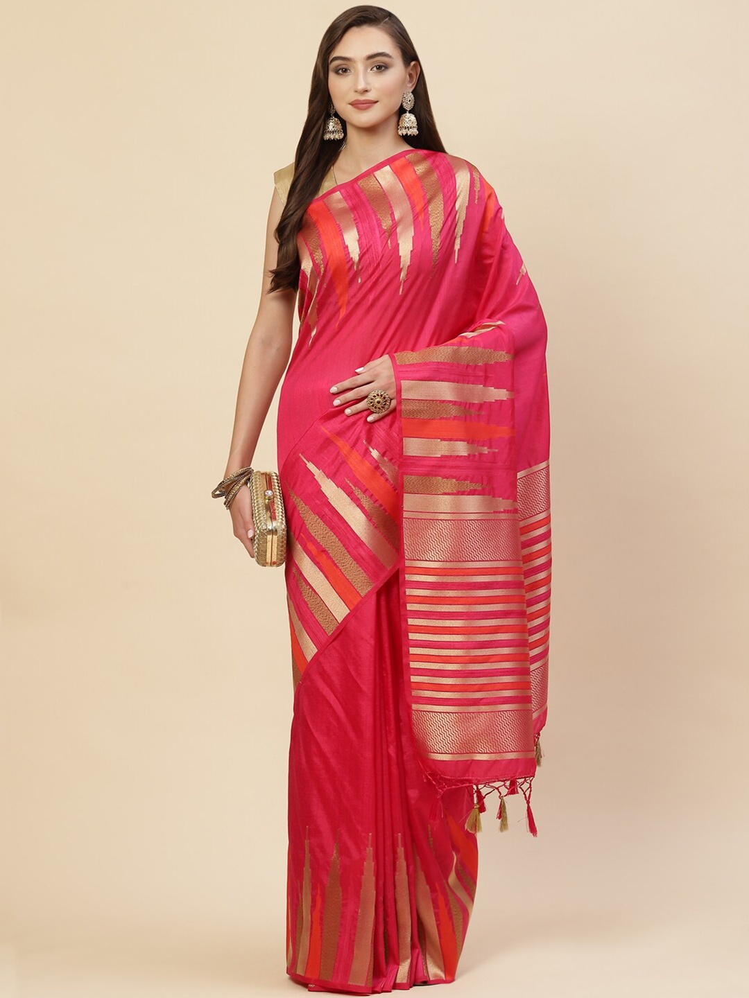 

Meena Bazaar Women Pink & Gold-Toned Zari Art Silk Saree