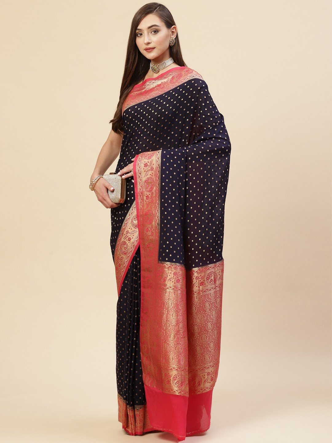 

Meena Bazaar Navy Blue & Red Woven Design Zari Saree
