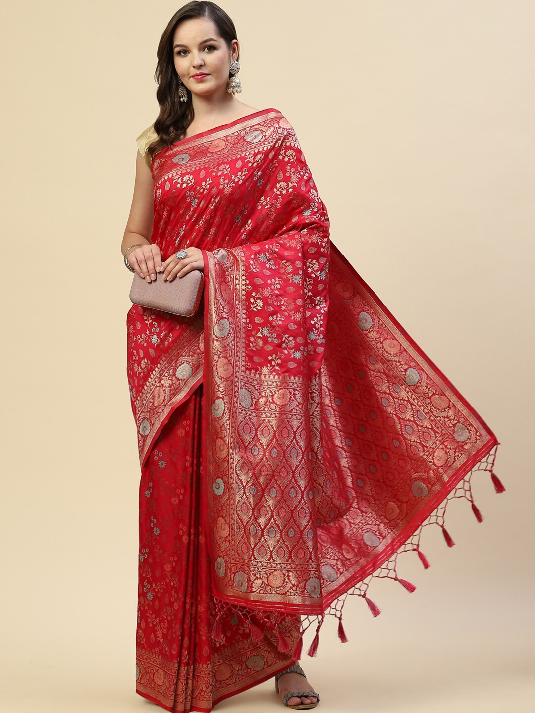 

Meena Bazaar Pink & Gold-Toned Woven Design Zari Art Silk Saree