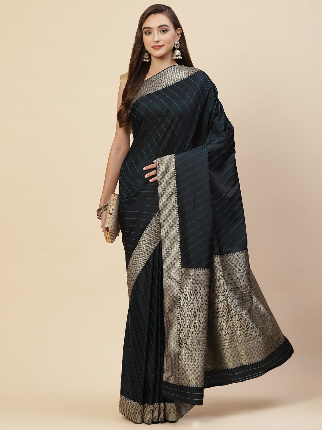 

Meena Bazaar Black & Blue Striped Zari Art Silk Banarasi Saree