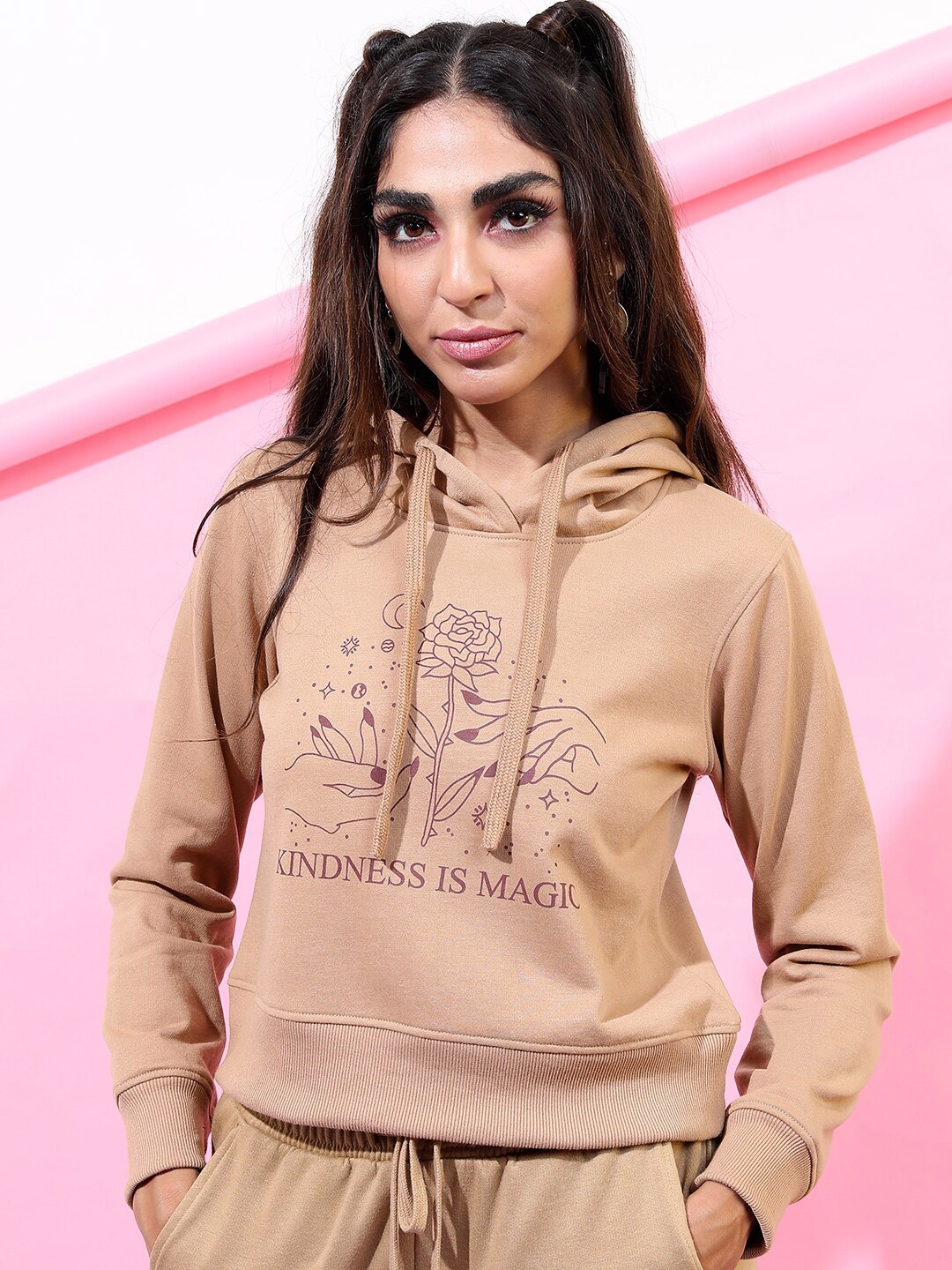 

Tokyo Talkies Women Khaki Graphic Printed Hooded Long Sleeves Cotton Pullover Sweatshirt