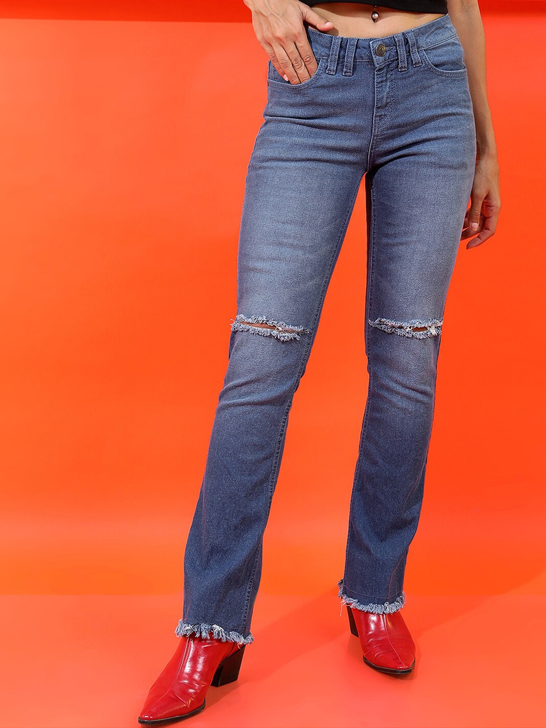 

Tokyo Talkies Women Blue Bootcut Slash Knee Light Fade Jeans