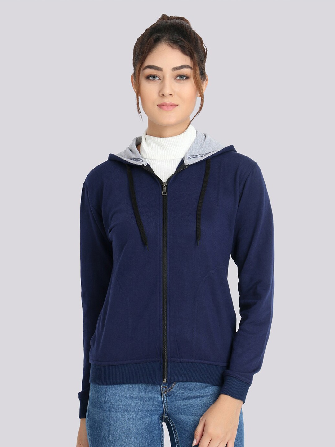 

TEEMOODS Women Navy Blue Hooded Sweatshirt