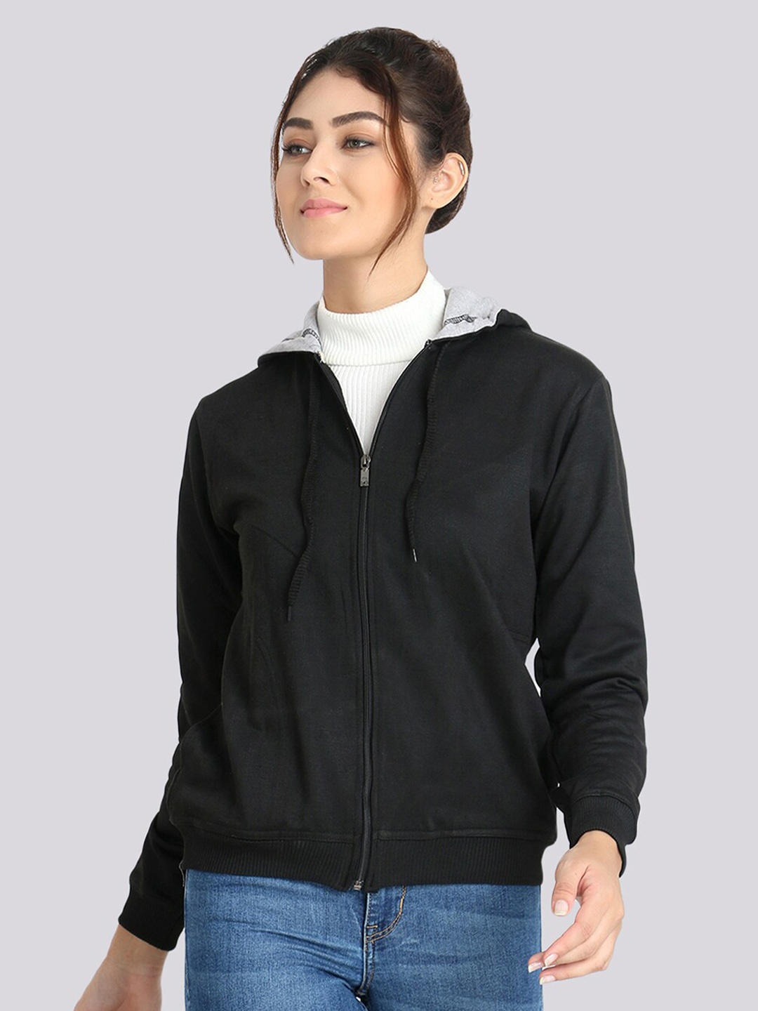

TEEMOODS Women Black Solid Fleece Hooded Sweatshirt
