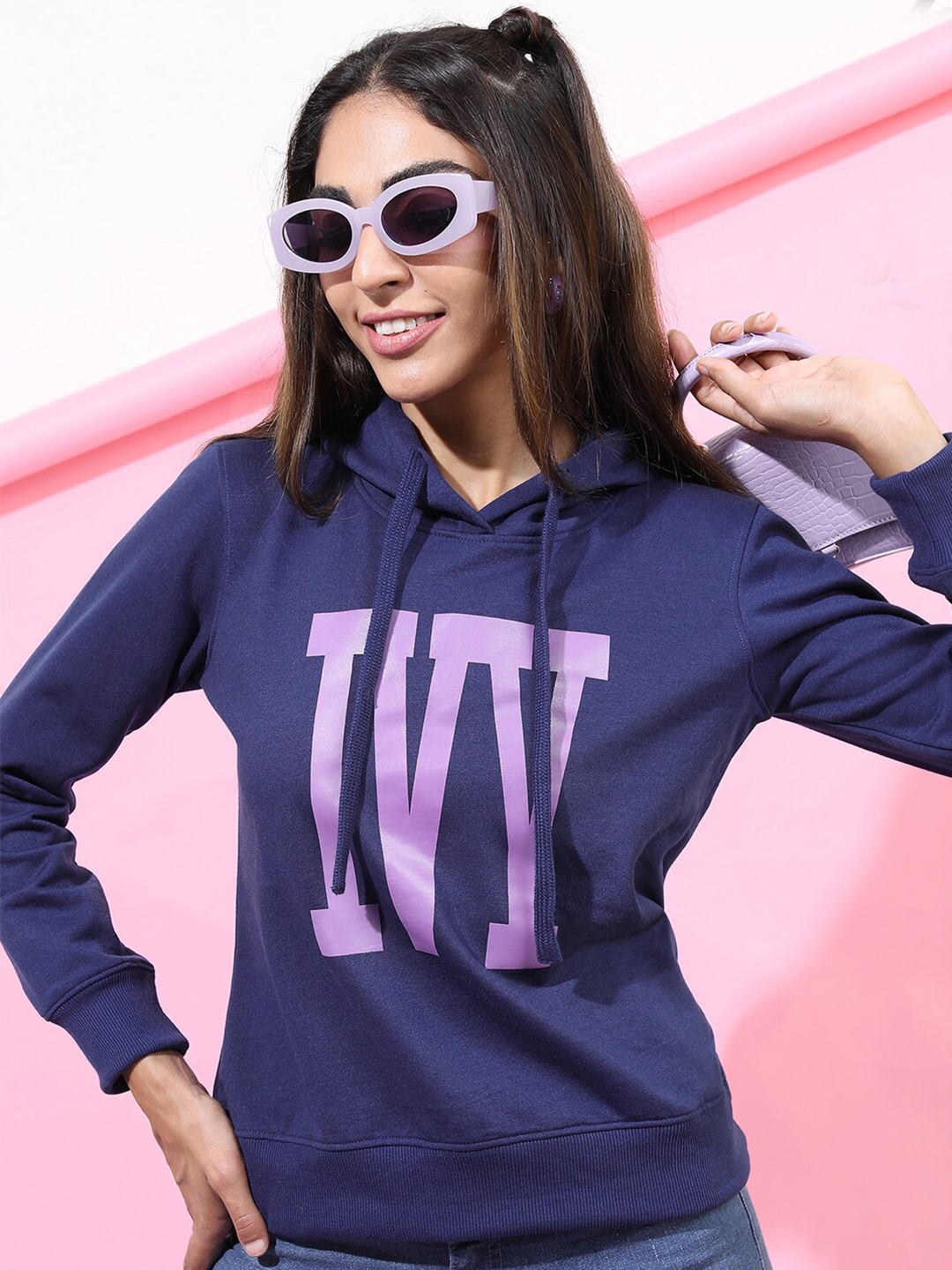 

Tokyo Talkies Women Navy Blue Printed Hooded Sweatshirt