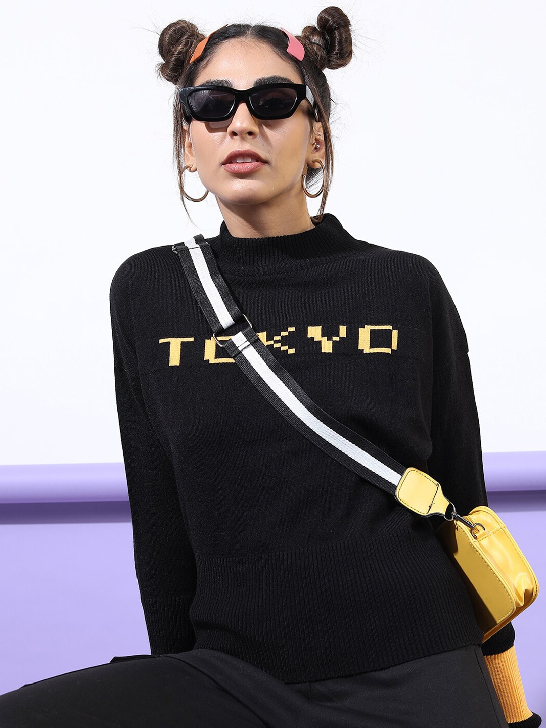 

Tokyo Talkies Women Black & Yellow Pullover Sweater