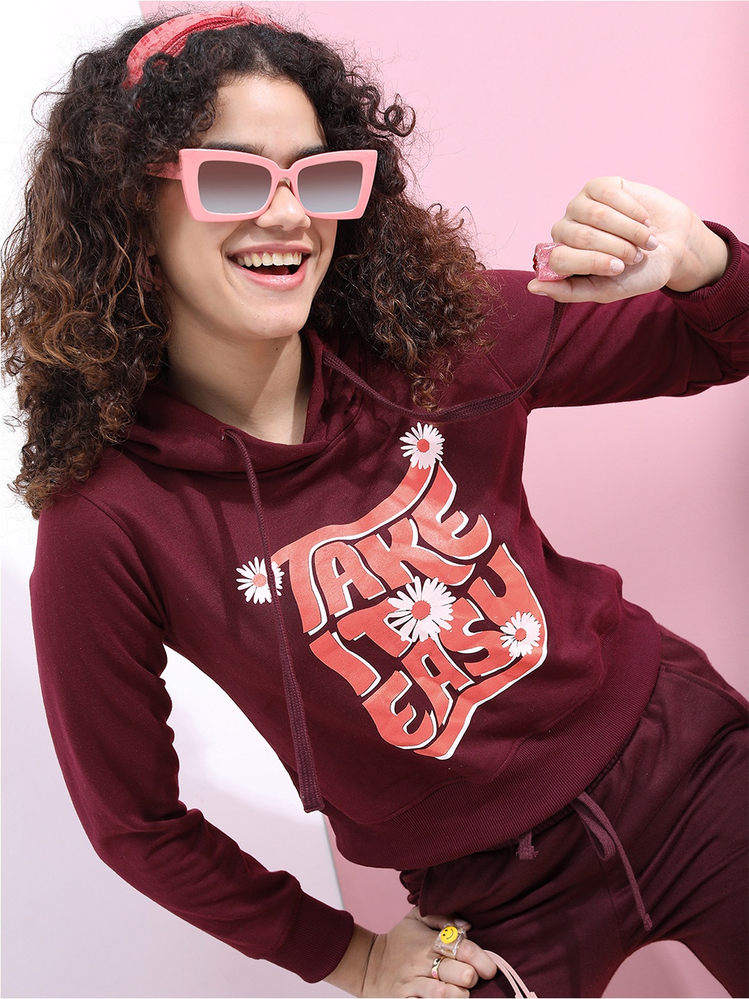 

Tokyo Talkies Women Burgundy Printed Hooded Sweatshirt