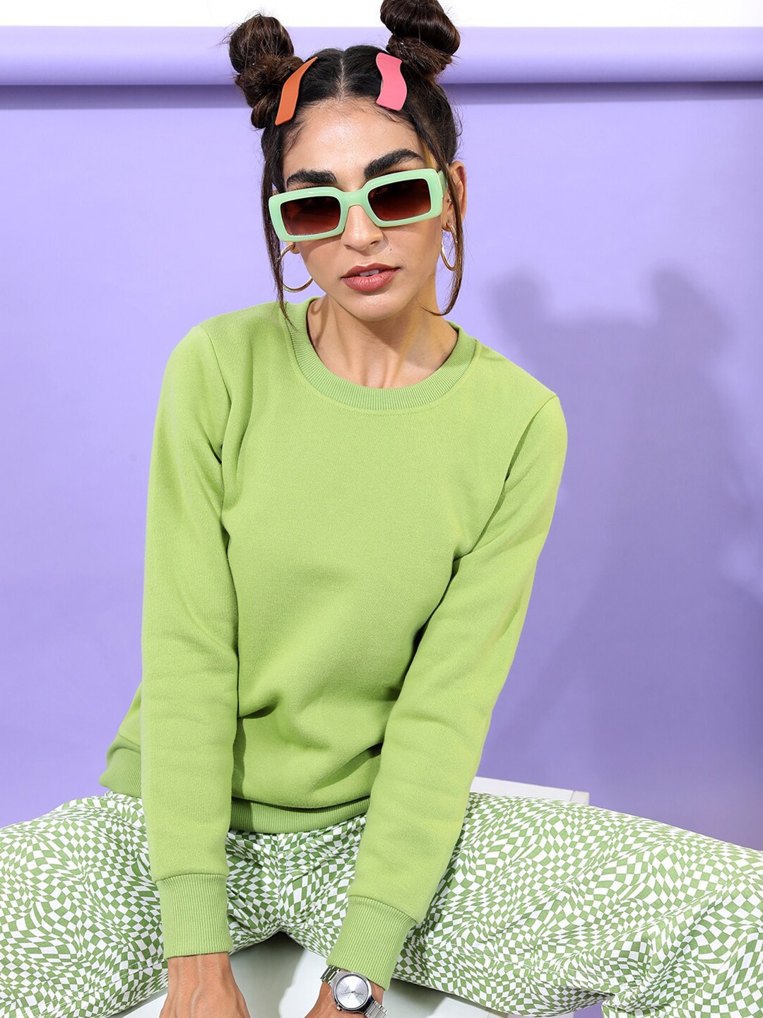 

Tokyo Talkies Women Lime Green Solid Sweatshirt
