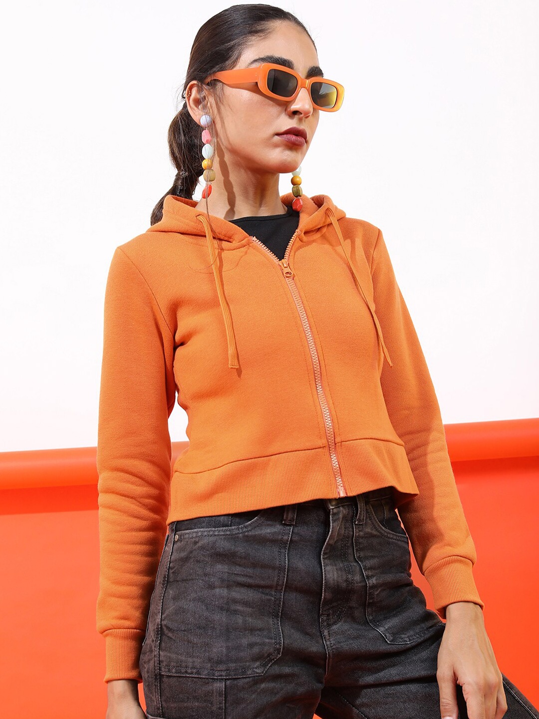 

Tokyo Talkies Women Rust Hooded Sweatshirt