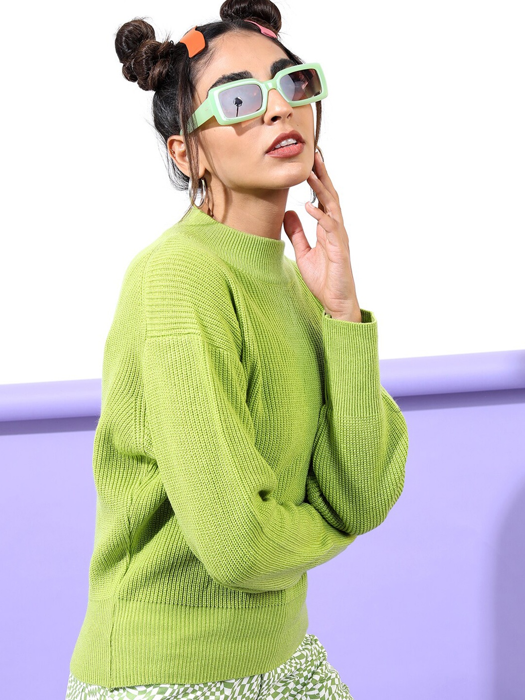 

Tokyo Talkies Women Green Cable Knit Acrylic Pullover