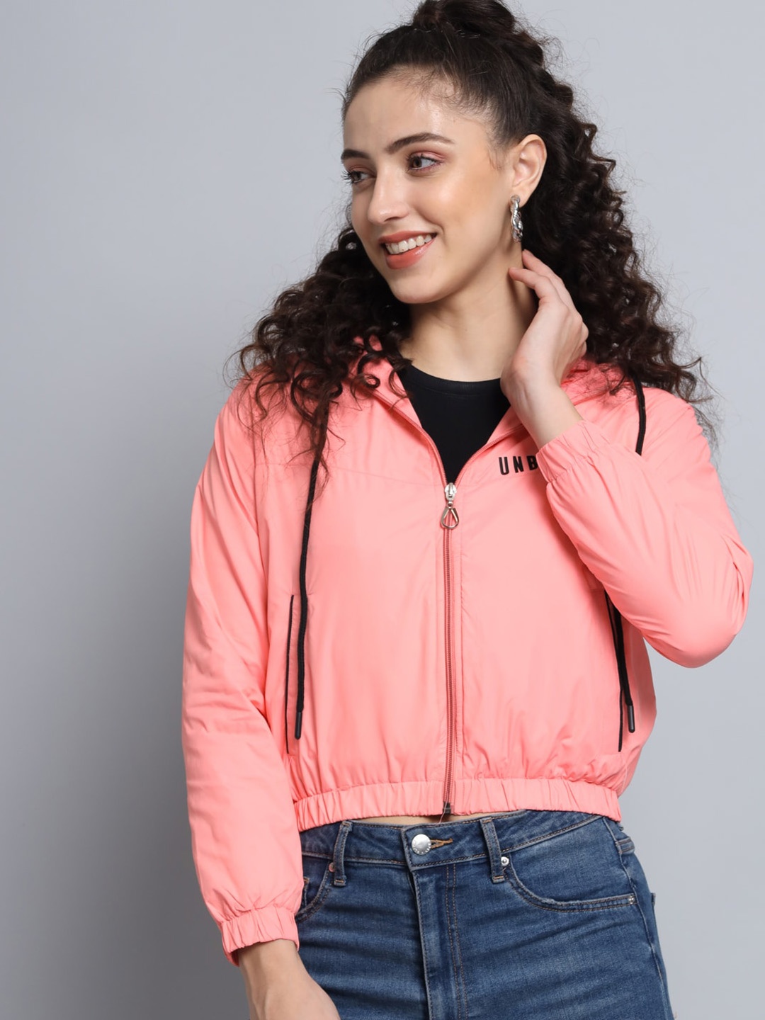 

BROOWL Women Peach Solid Windcheater Bomber Jacket