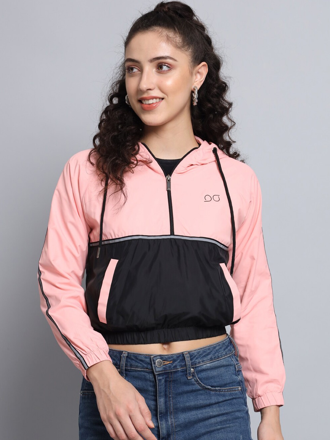 

BROOWL Women Peach-Coloured Black Colourblocked Windcheater Crop Rapid-Dry Jacket
