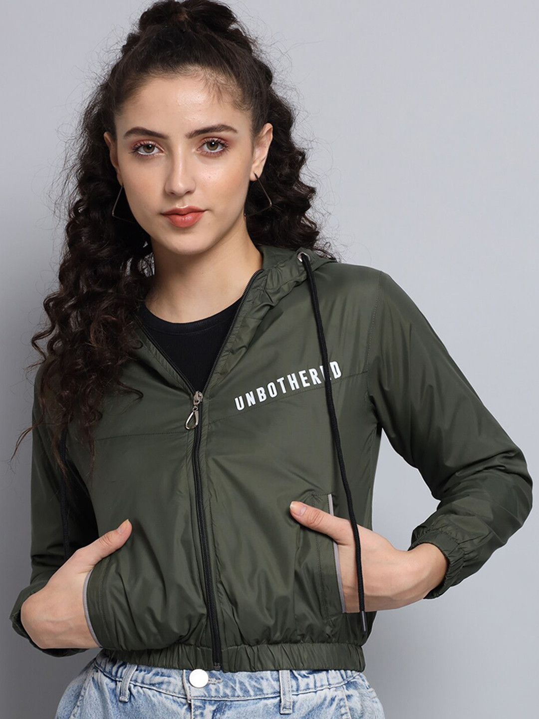 

BROOWL Women Olive Green Typography Windcheater Crop Padded Jacket