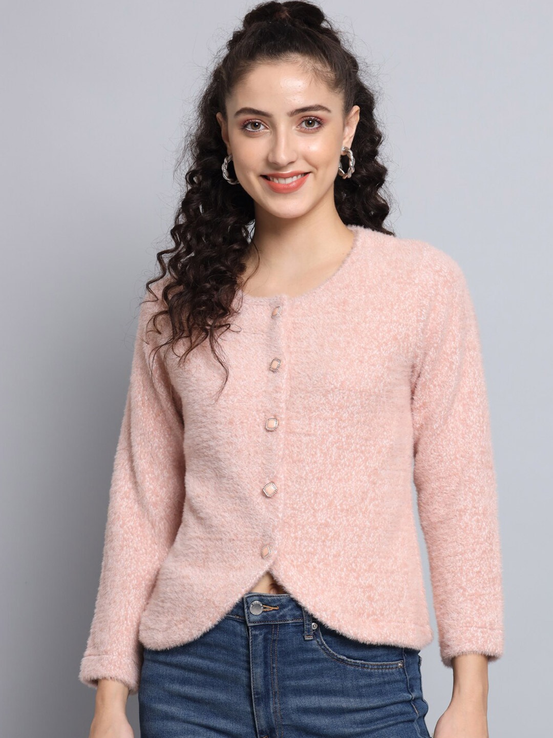 

BROOWL Women Pink Solid Wool Long Sleeves Cardigan