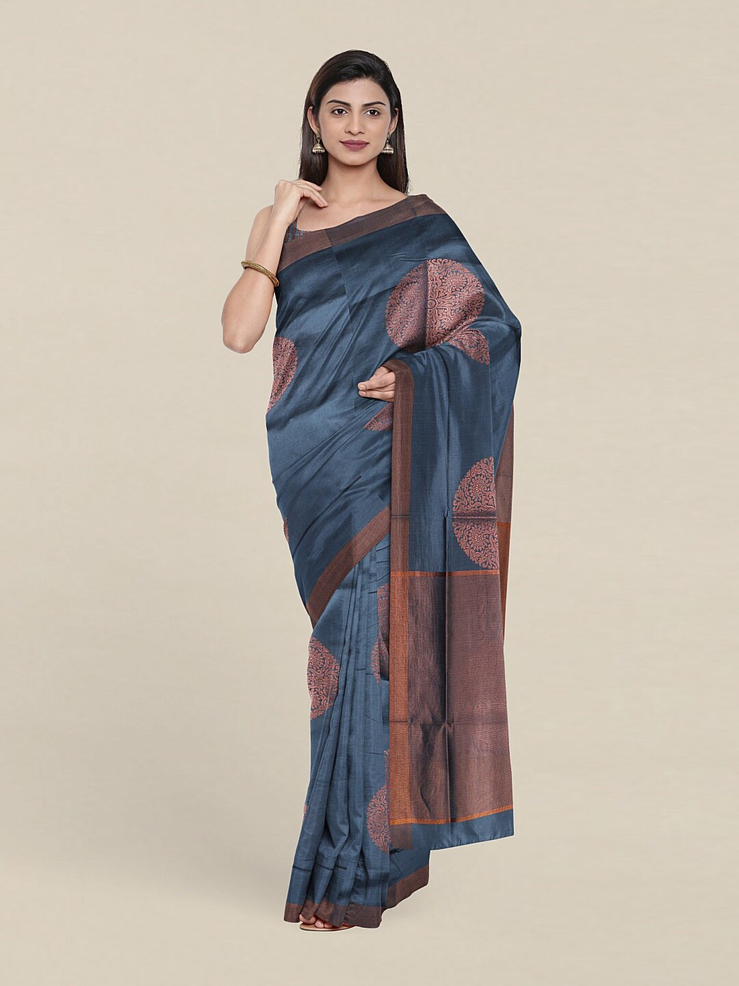 

Pothys Blue & Copper-Toned Woven Design Zari Pure Cotton Saree