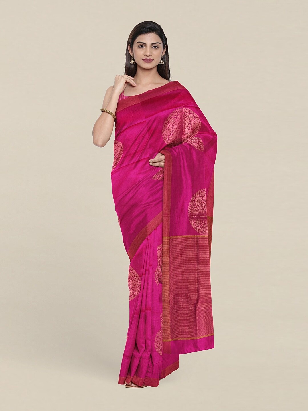 

Pothys Pink & Gold-Toned Woven Design Zari Pure Cotton Saree