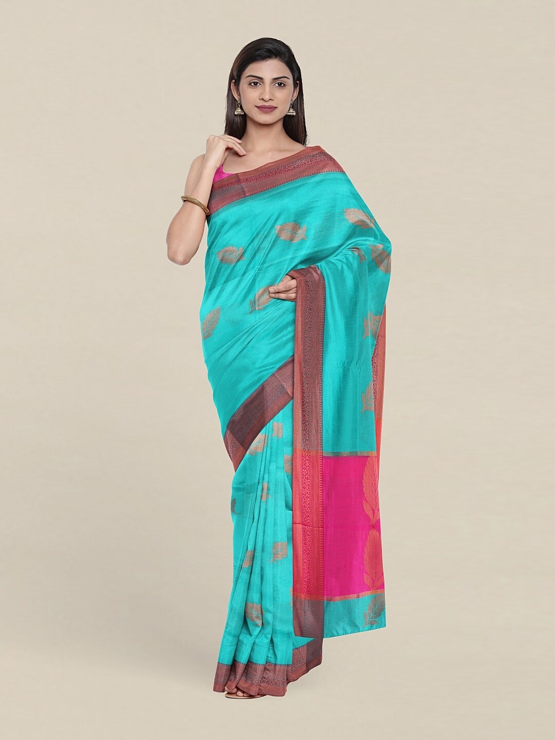 

Pothys Sea Green & Pink Woven Design Zari Pure Cotton Saree
