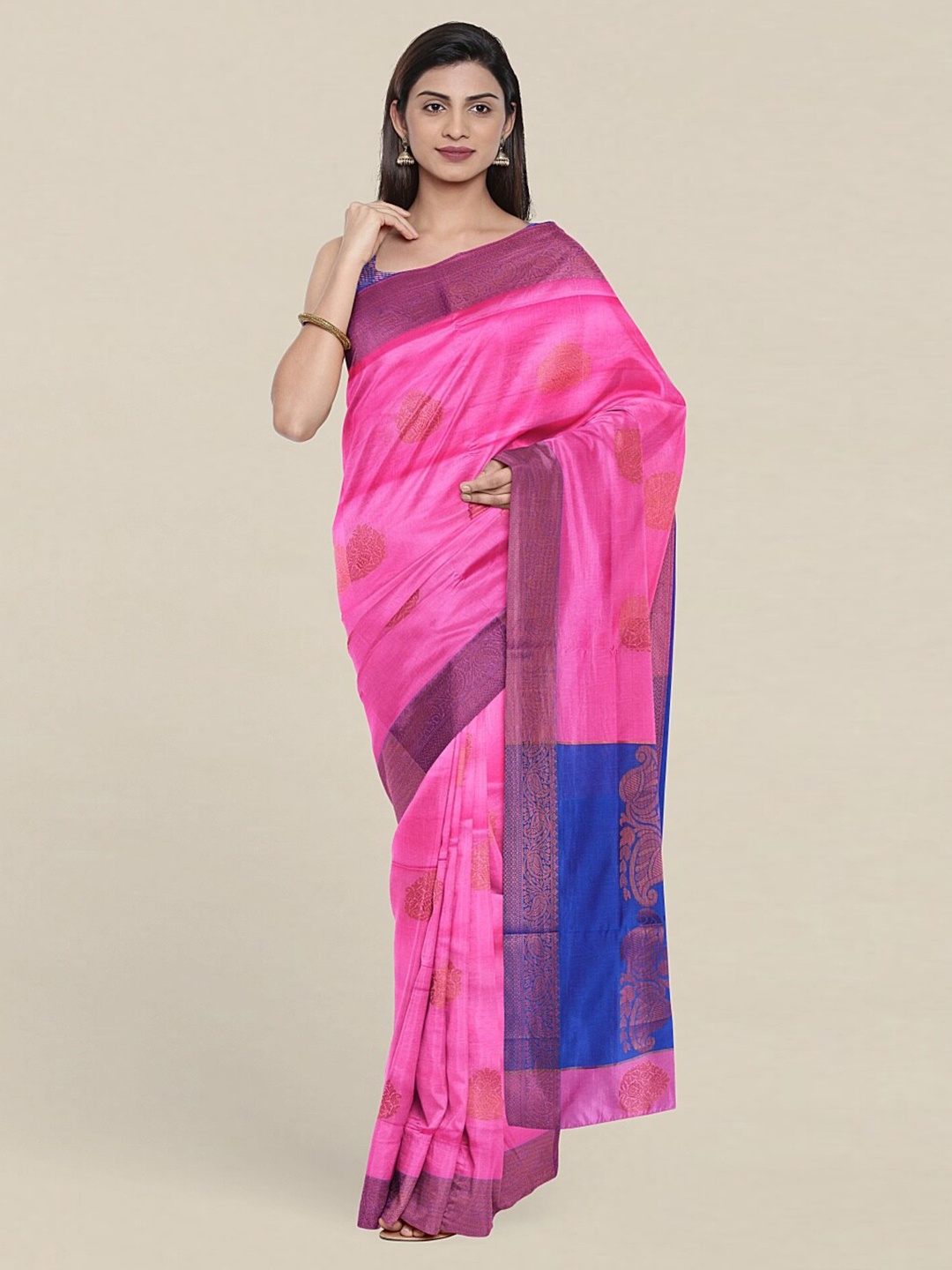 

Pothys Pink & Blue Ethnic Motifs Zari Pure Cotton Saree