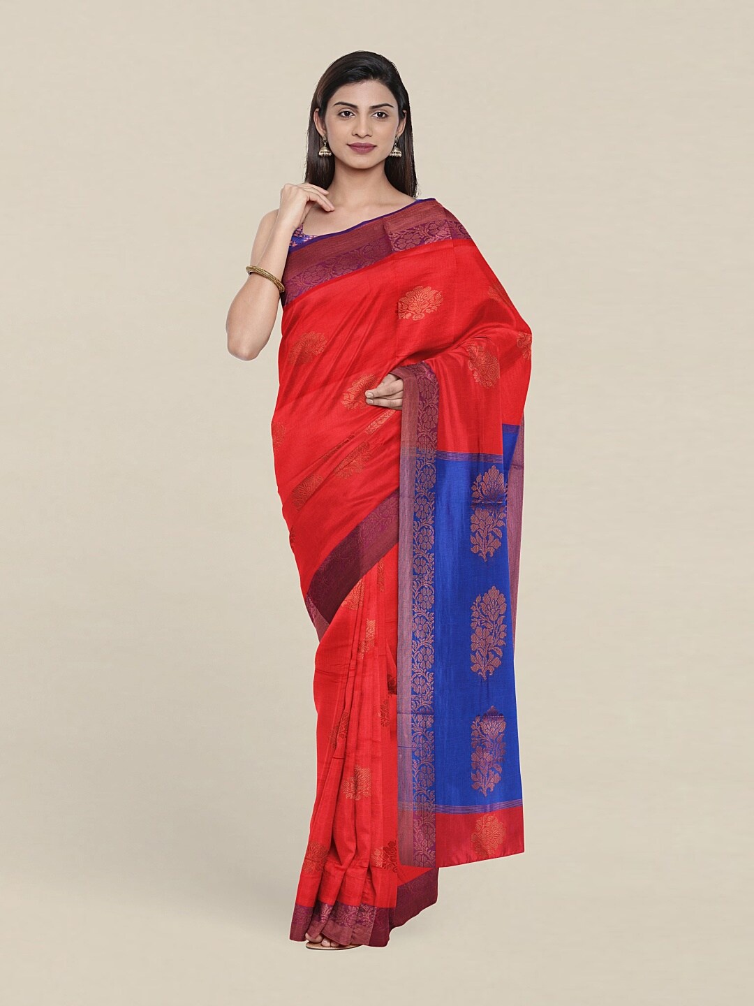 

Pothys Red & Blue Woven Design Zari Pure Cotton Saree