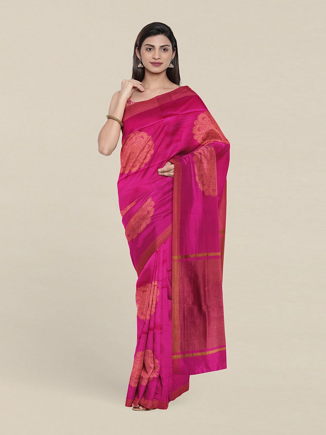 

Pothys Pink & Copper-Toned Ethnic Motifs Zari Pure Cotton Saree